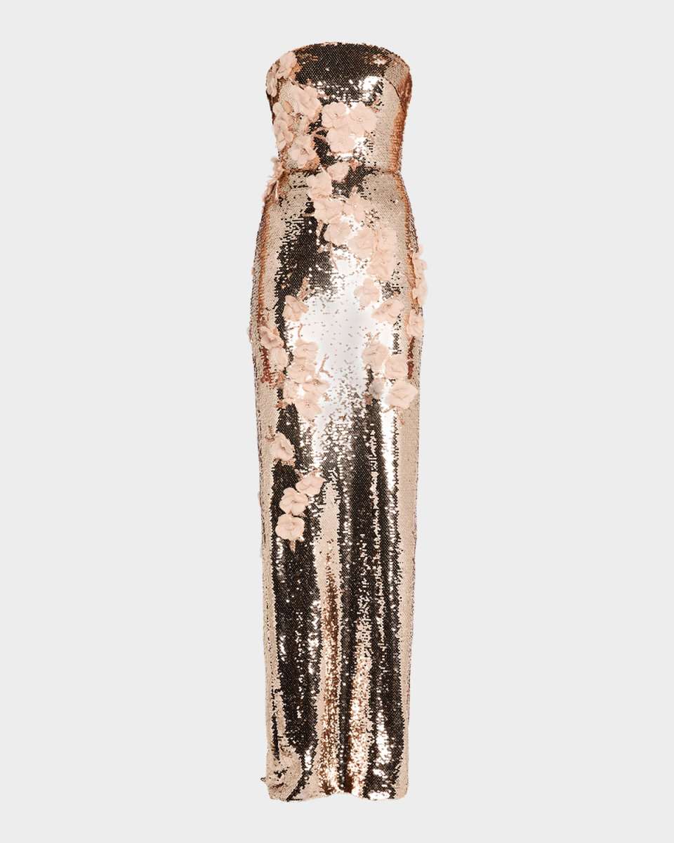 Strapless Flower Embroidered Sequin Column Gown